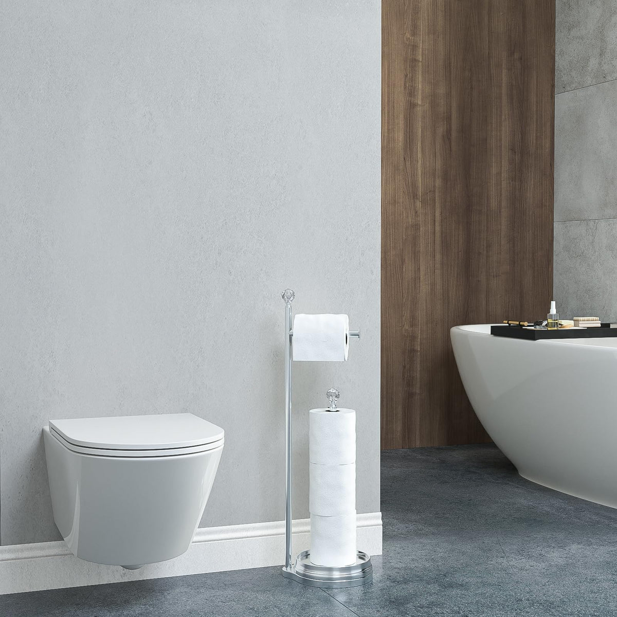 Kasunto toilet paper holder fits compact spaces with slim dimensions.