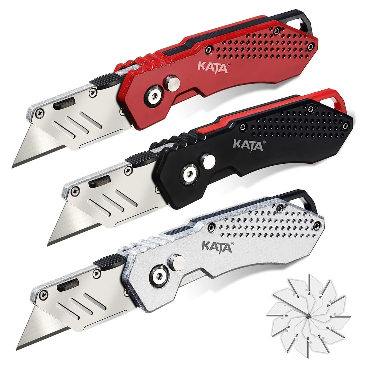 KATA 3-Pack folding box cutter closed for easy pocket storage and quick cuts.