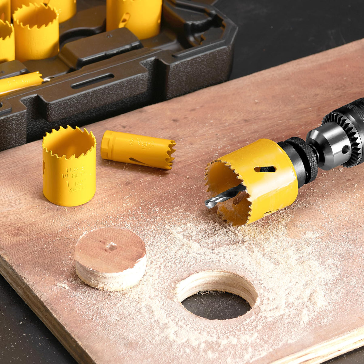 KATA hole saw kit in use drilling metal with a clean edge