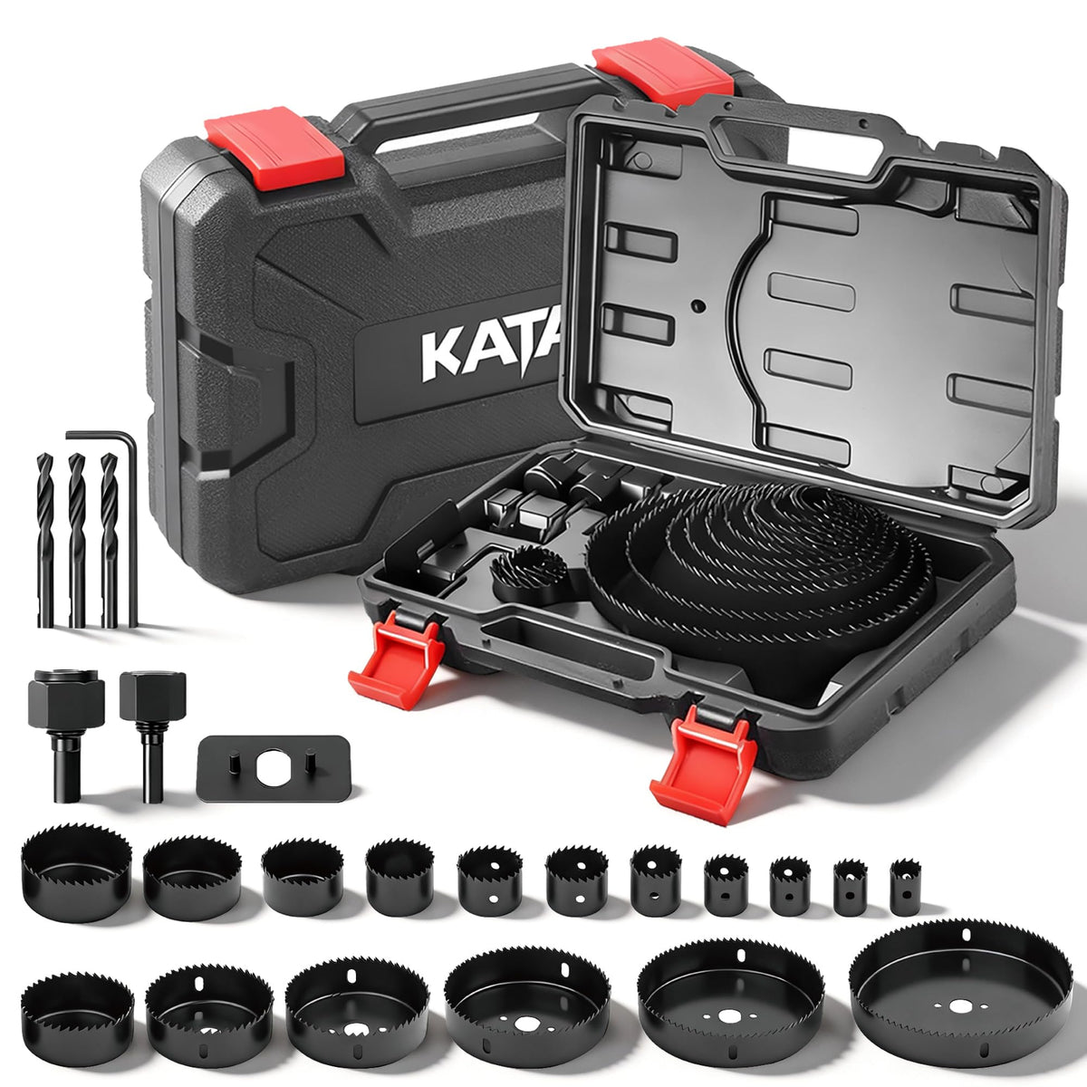 KATA hole saw kit case keeps blades secure for easy transport.