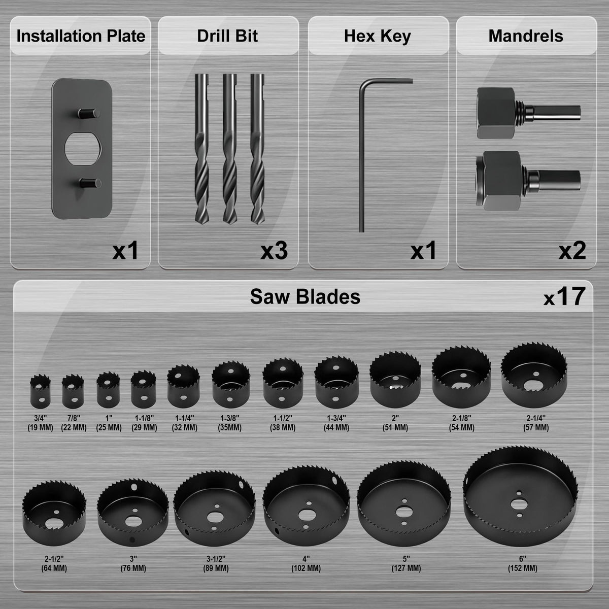 KATA mandrels included for quick blade mounting on drills.