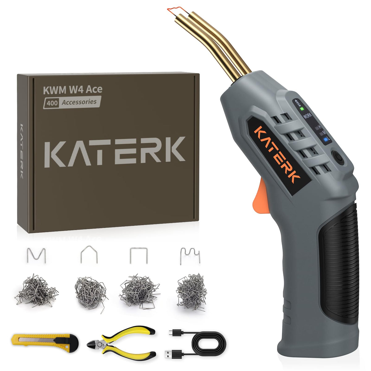 Katerk cordless plastic welder front view shows compact design for tight spaces.