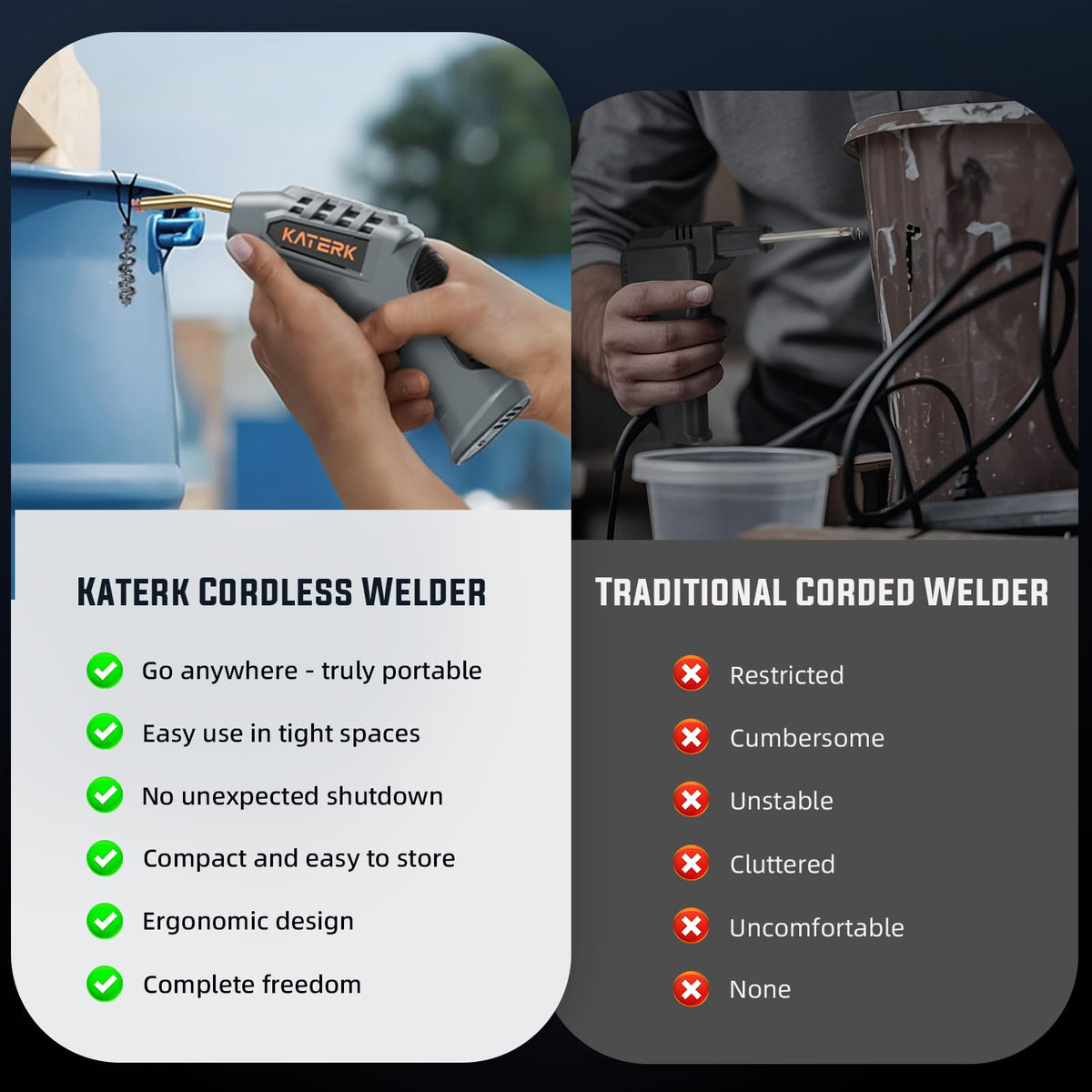 Katerk plastic welder with LED lighting aids precise work in dim spaces.
