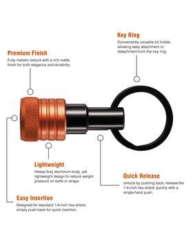 Katerk quick-release carabiner keeps bits secure on belt or tool bag.