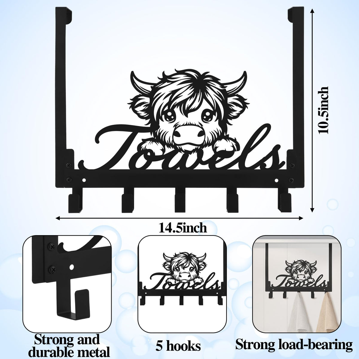 Kathfly Highland Cow hooks installed over a door without tools for easy setup.