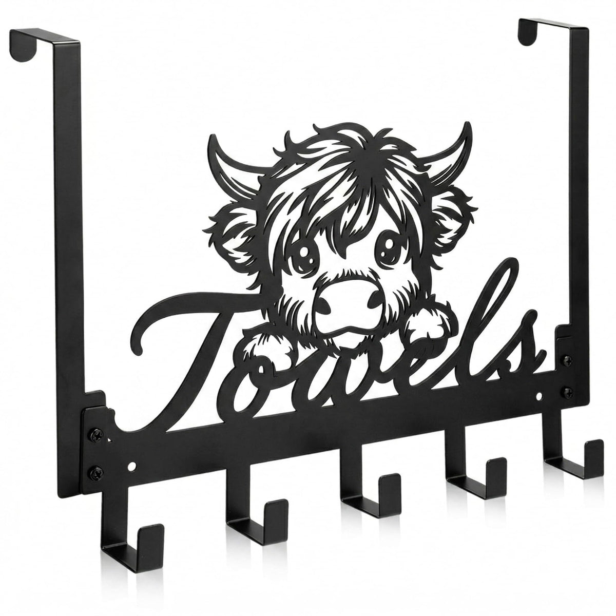 Kathfly Highland Cow over the Door Hooks in black metal shown as a stylish storage solution.