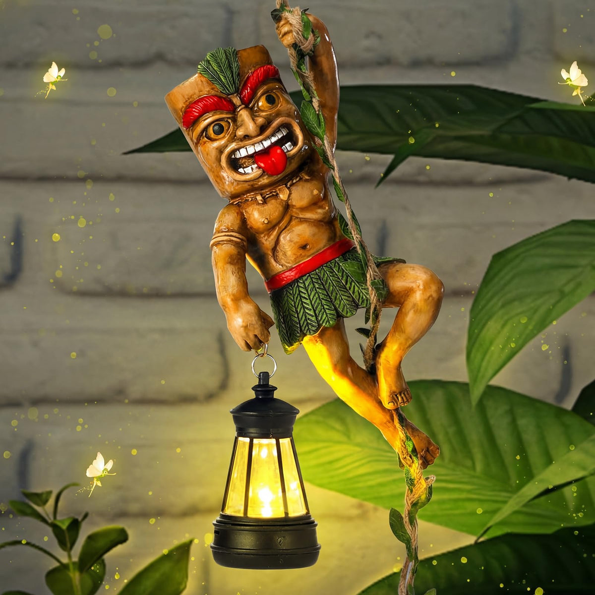 Kathfly solar light outdoor tiki statue glows in dusk, enhancing garden ambiance