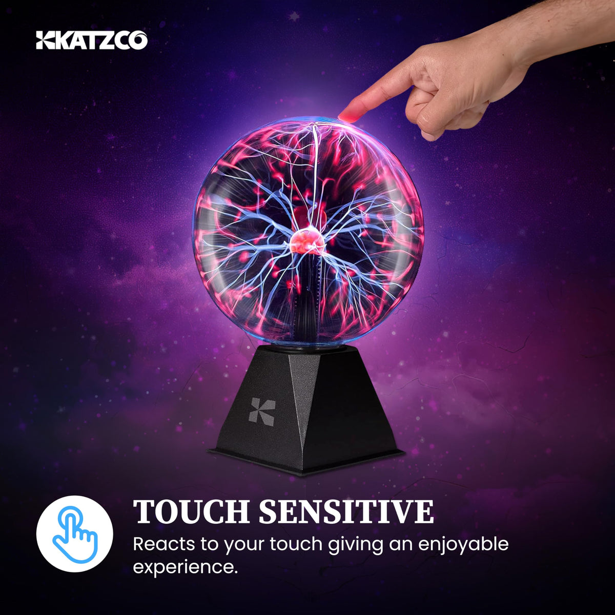 Katzco plasma ball touch-mode displays a fingertip light show.