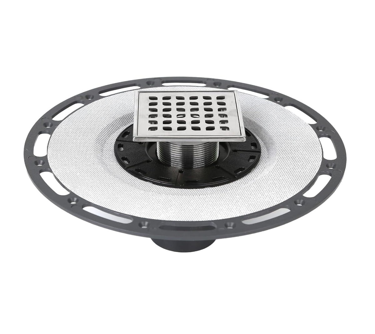 Kauwm 4-Inch square drain with bonding flange closeup highlights durable stainless steel design.