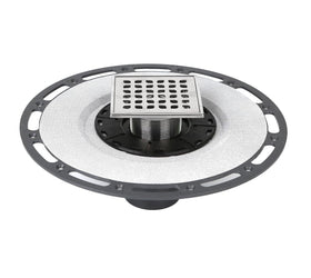Kauwm 4-Inch square drain with bonding flange closeup highlights durable stainless steel design.