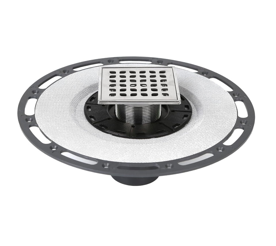 Kauwm 4-Inch square drain with bonding flange closeup highlights durable stainless steel design.