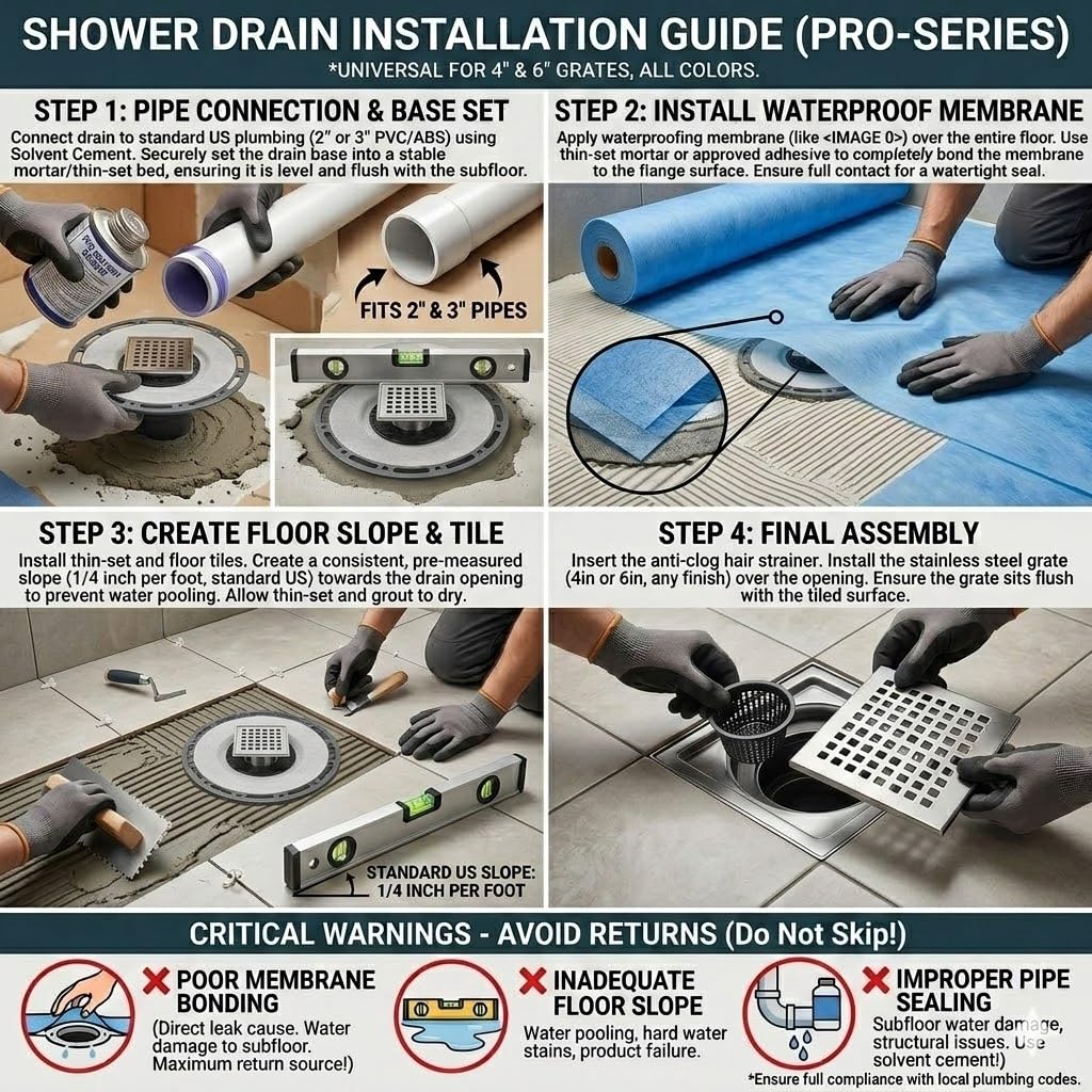 Kauwm brushed stainless steel shower drain kit installed in a modern bathroom setting.