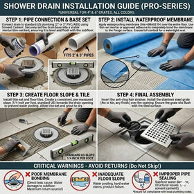Kauwm brushed stainless steel shower drain kit installed in a modern bathroom setting.