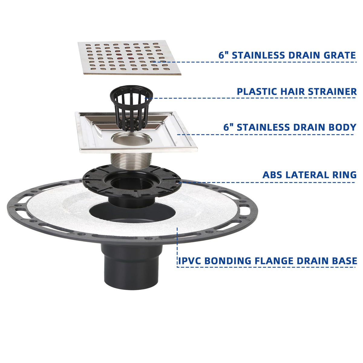 Kauwm shower drain kit installed during bathroom renovation for reliable water drainage.