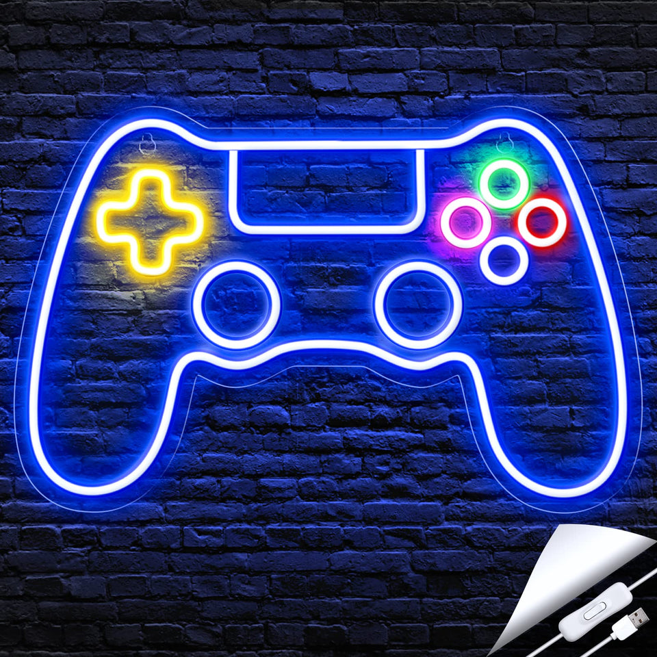 Kavaas Gamer Neon Sign gamepad on wall adding vibrant glow to gaming room.