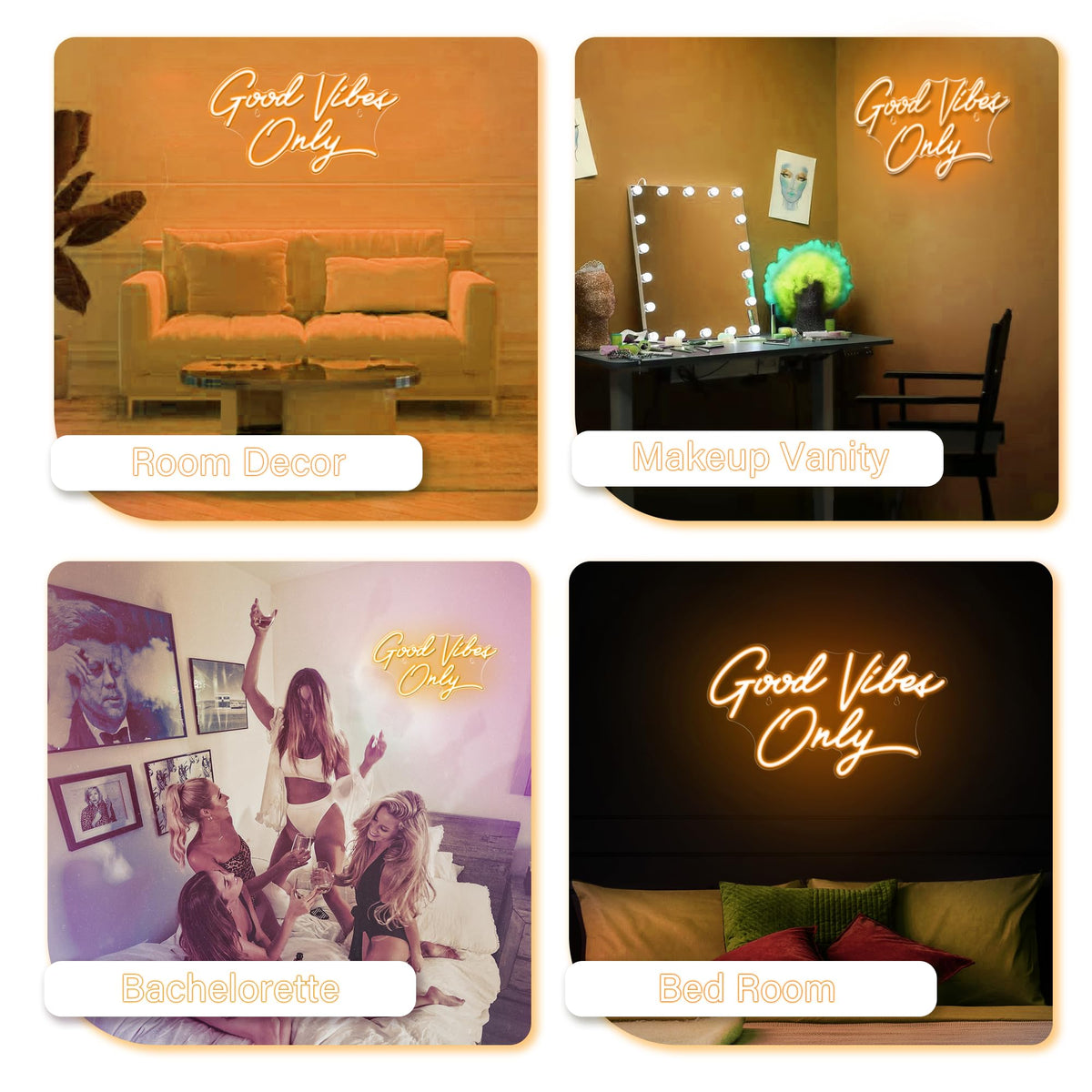 Kavaas Good Vibes Only LED sign creates vintage vibe in living spaces.