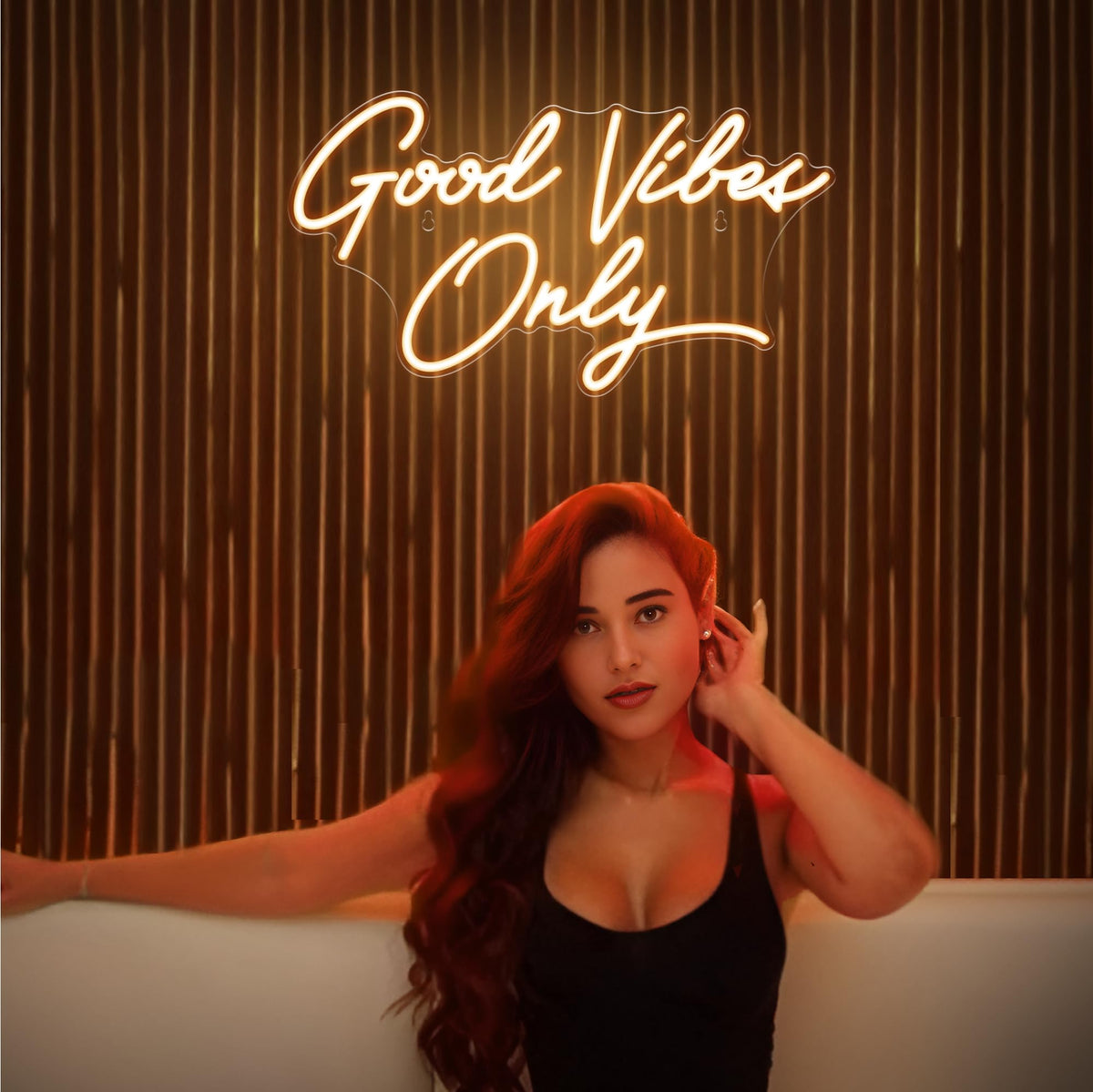 Kavaas Good Vibes Only LED sign USB powered for easy setup.