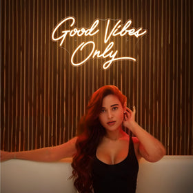 Kavaas Good Vibes Only LED sign USB powered for easy setup.