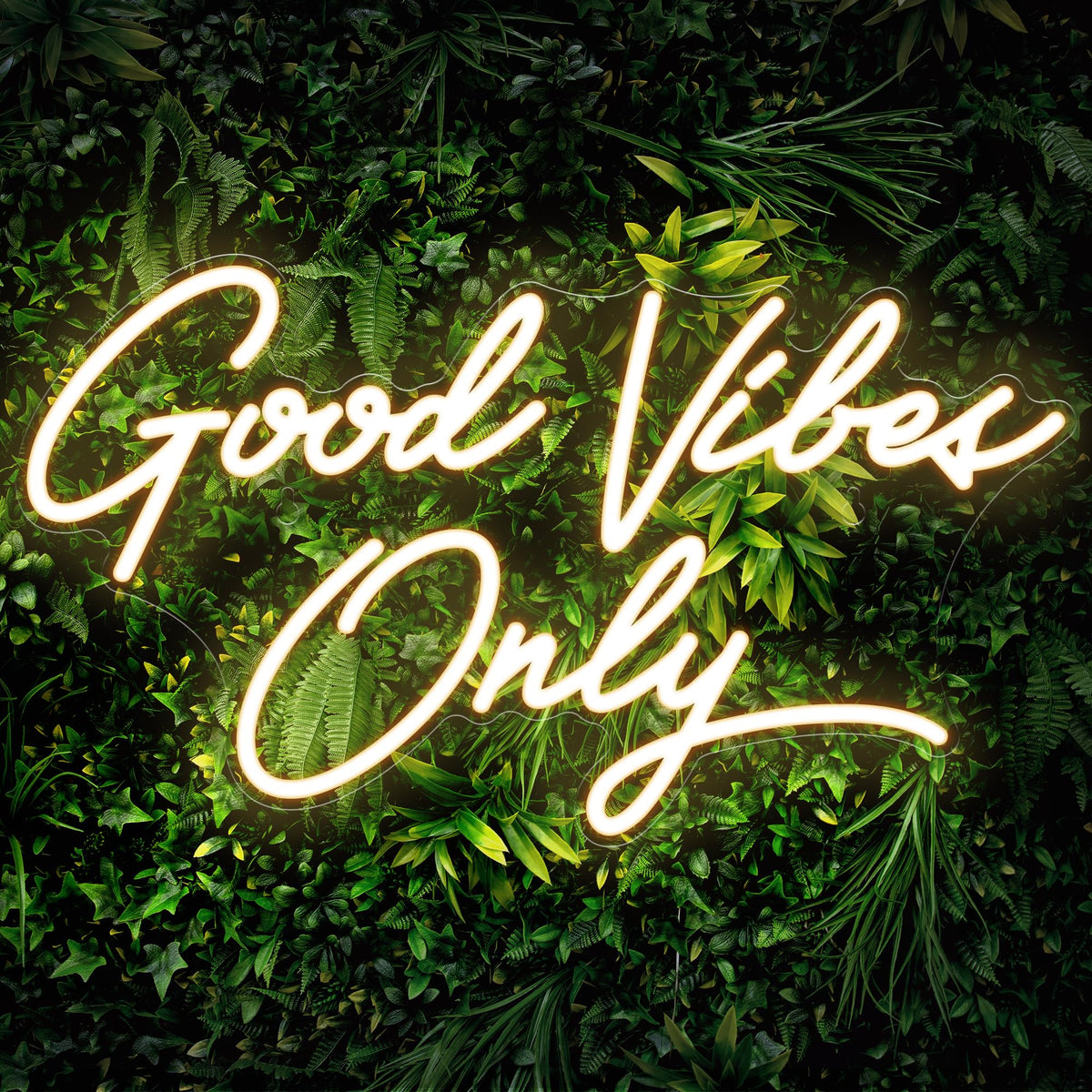 Kavaas Good Vibes Only neon sign on wall adds warm bedroom ambience.