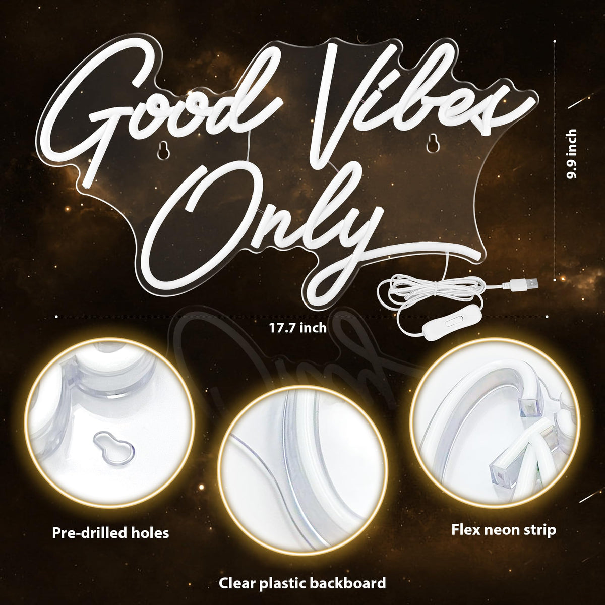 Kavaas Good Vibes Only sign brightens salons and retail displays with soft glow.