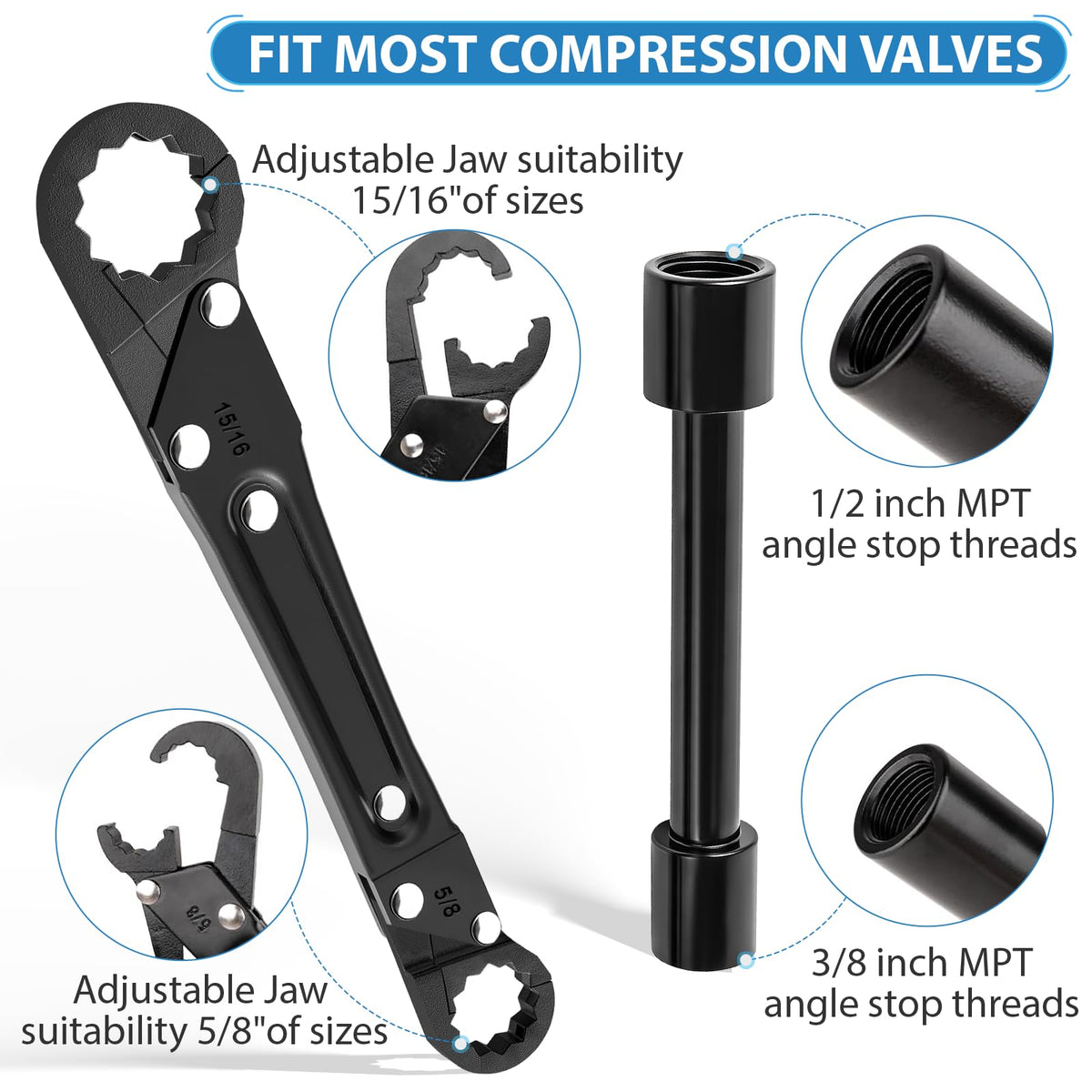 Kavedod adjustable jaw wrench fitting fifteen-sixteen and five-eighth inch for secure grip.