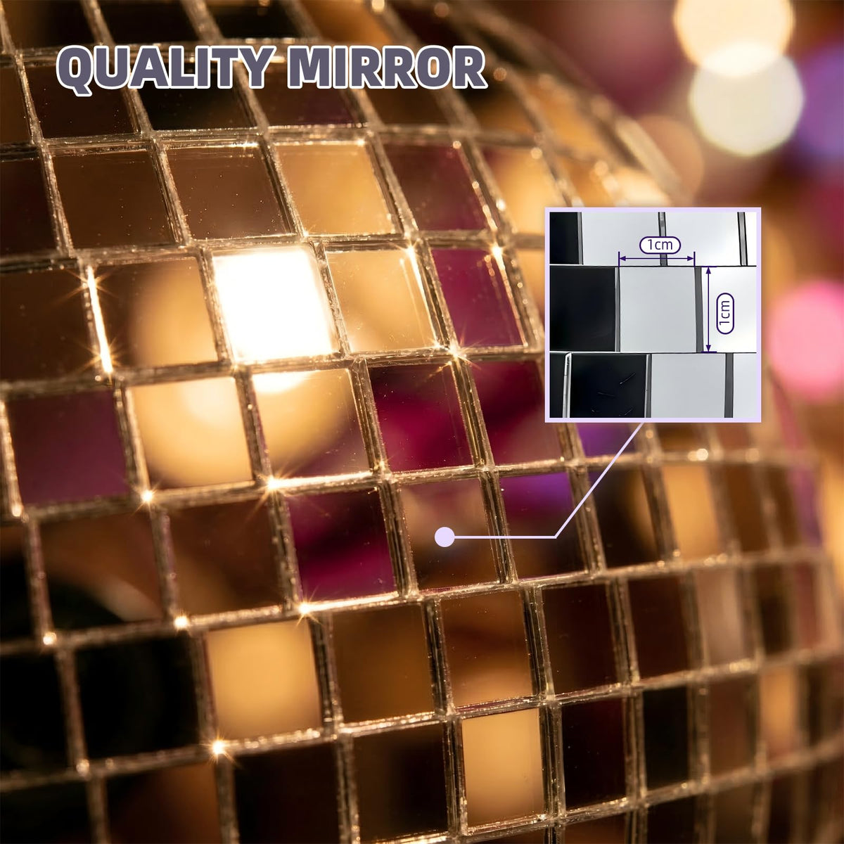 Kaviooy glass tile disco ball catches light across walls and ceiling.