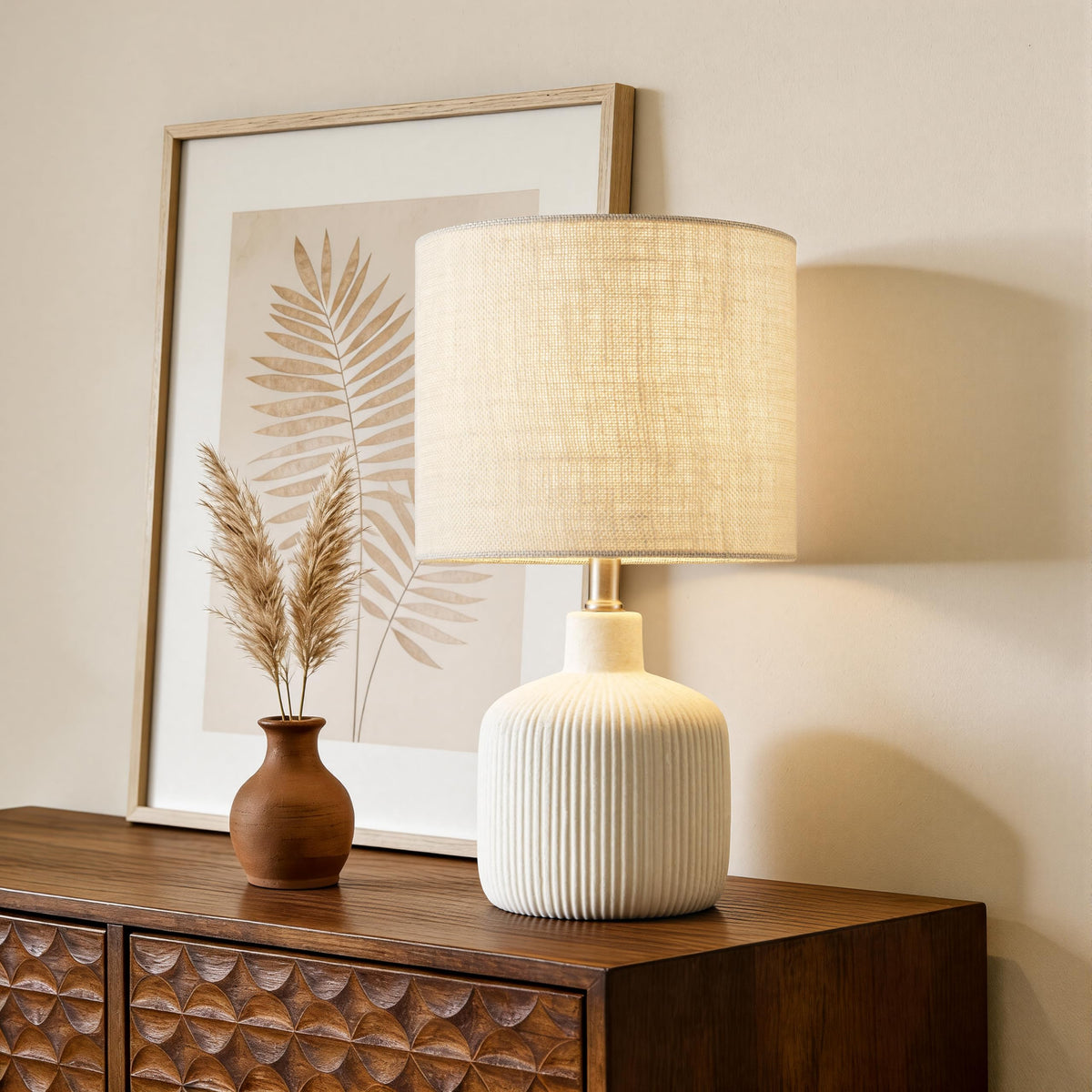 KAWOTI ceramic table lamp base textured for rustic bedroom ambiance and warmth.