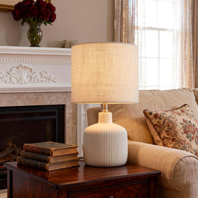 KAWOTI shade beige linen diffuses soft light for cozy nights.
