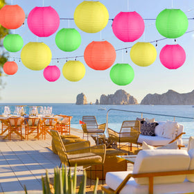 KAXIXI colorful round lanterns arranged as a wedding backdrop