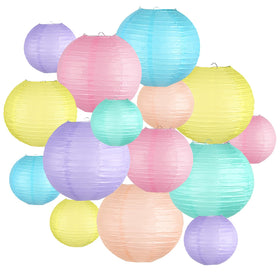 KAXIXI pastel 10-inch lanterns arranged for ceiling decor and festive atmosphere.