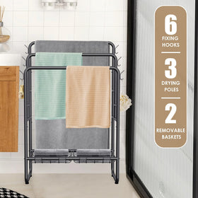 Kayfia rack includes baskets and hooks for compact shower storage.