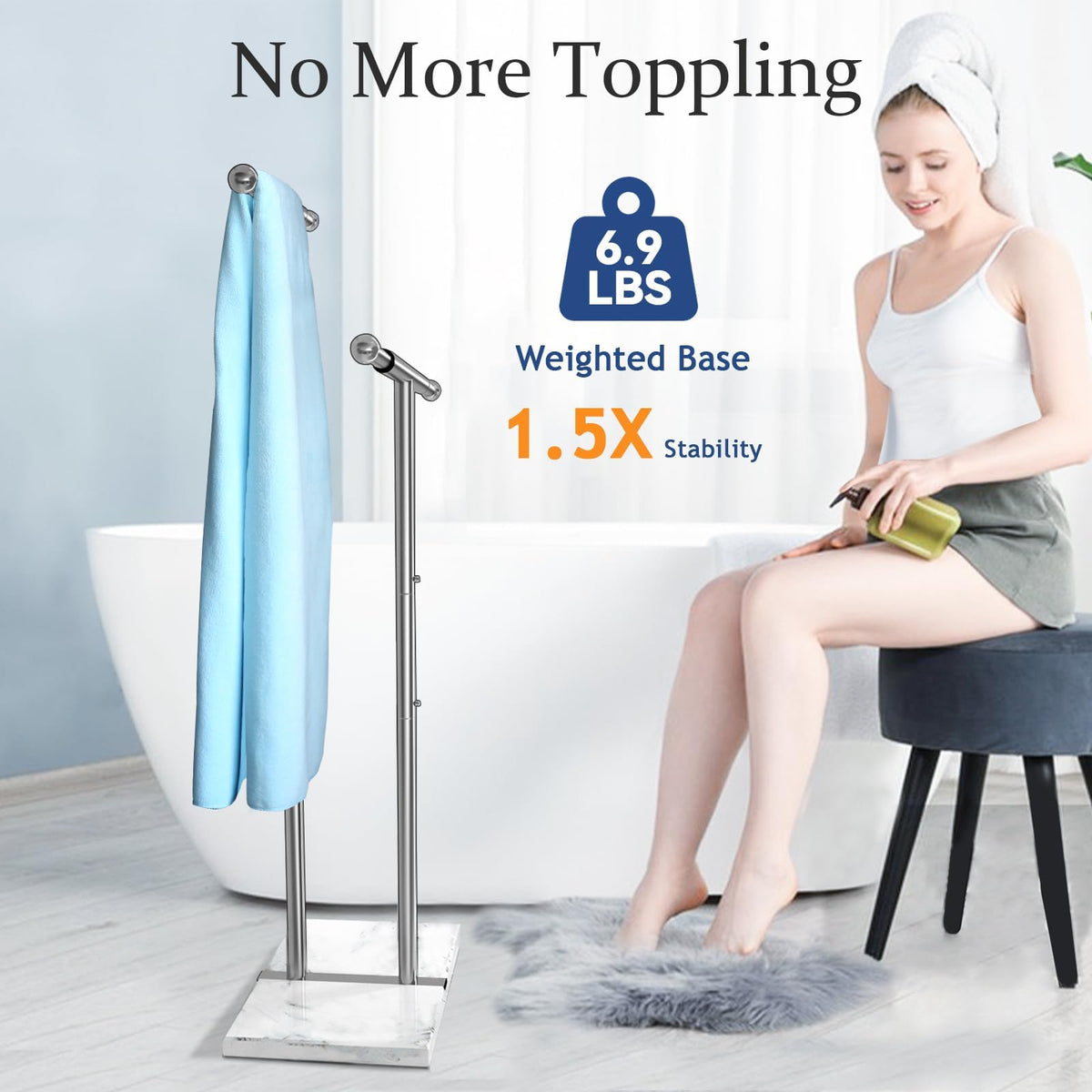 Kayfia adjustable-width towel rack fits tight spaces and larger towels.