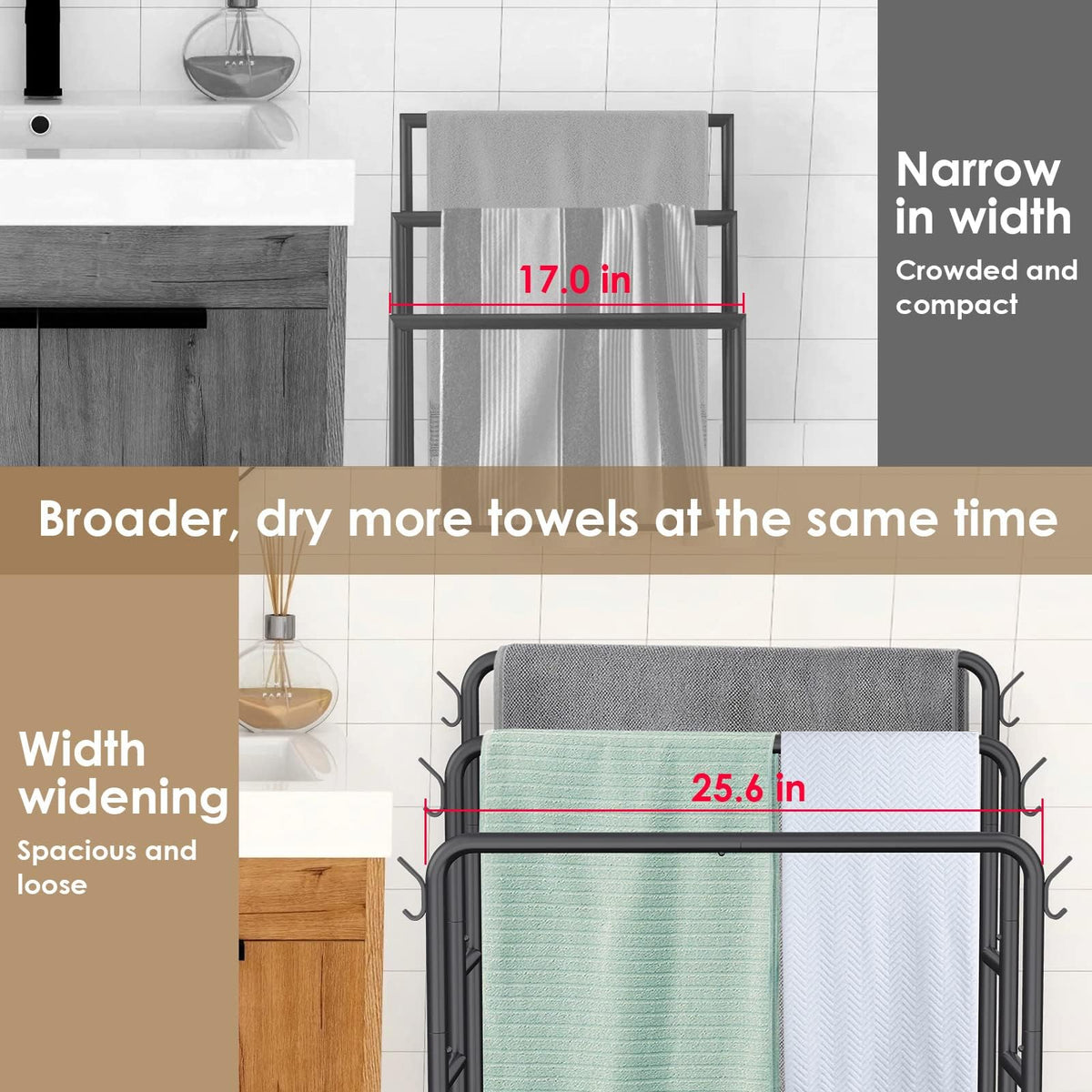 Kayfia wide rack provides ample space for large towels without folding.