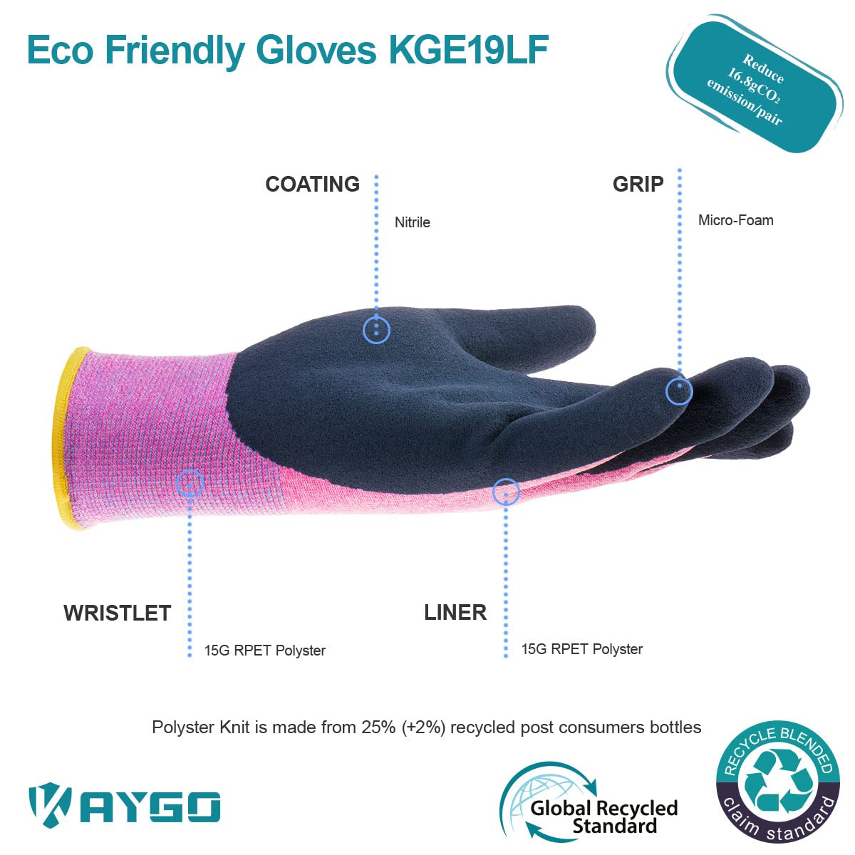 Kaygo pink gloves with latex sandy coating for better wet and dry grip.