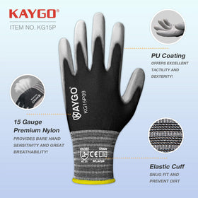 KAYGO high dexterity PU-coated gloves emphasize fingertip precision for small parts.