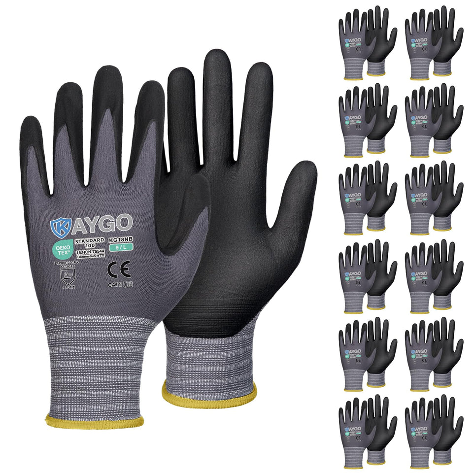 KAYGO KG18NB nitrile-coated gloves delivering precise fingertip control for small parts and fasteners.