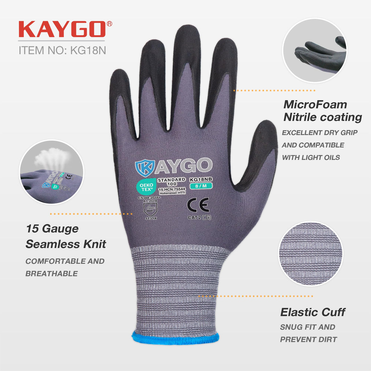 KAYGO KG18NB seamless-knit nylon liner enables all-day comfort and flexible movement.