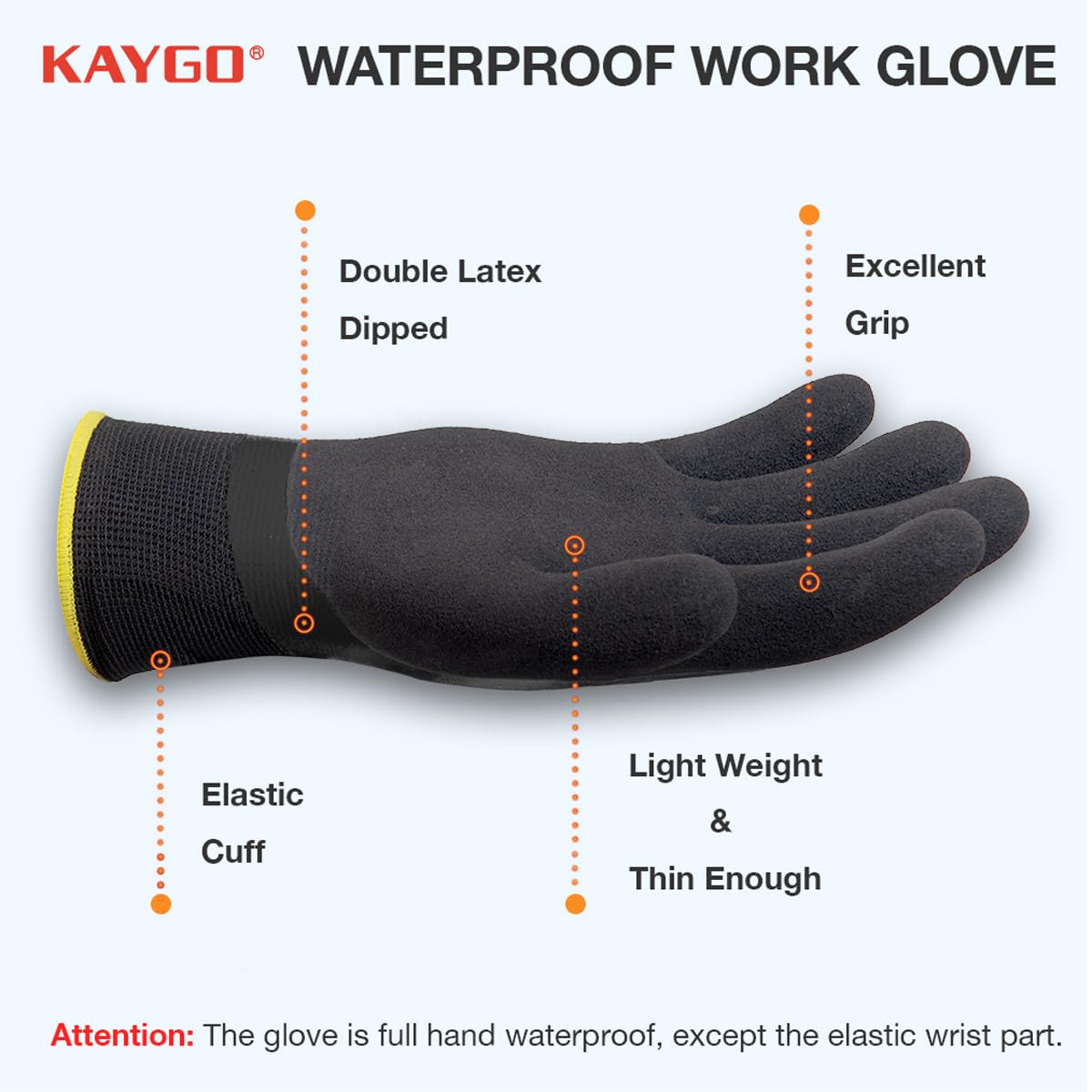 Kaygo waterproof work gloves with rubber-coated back of hand for flexible protection in rain.