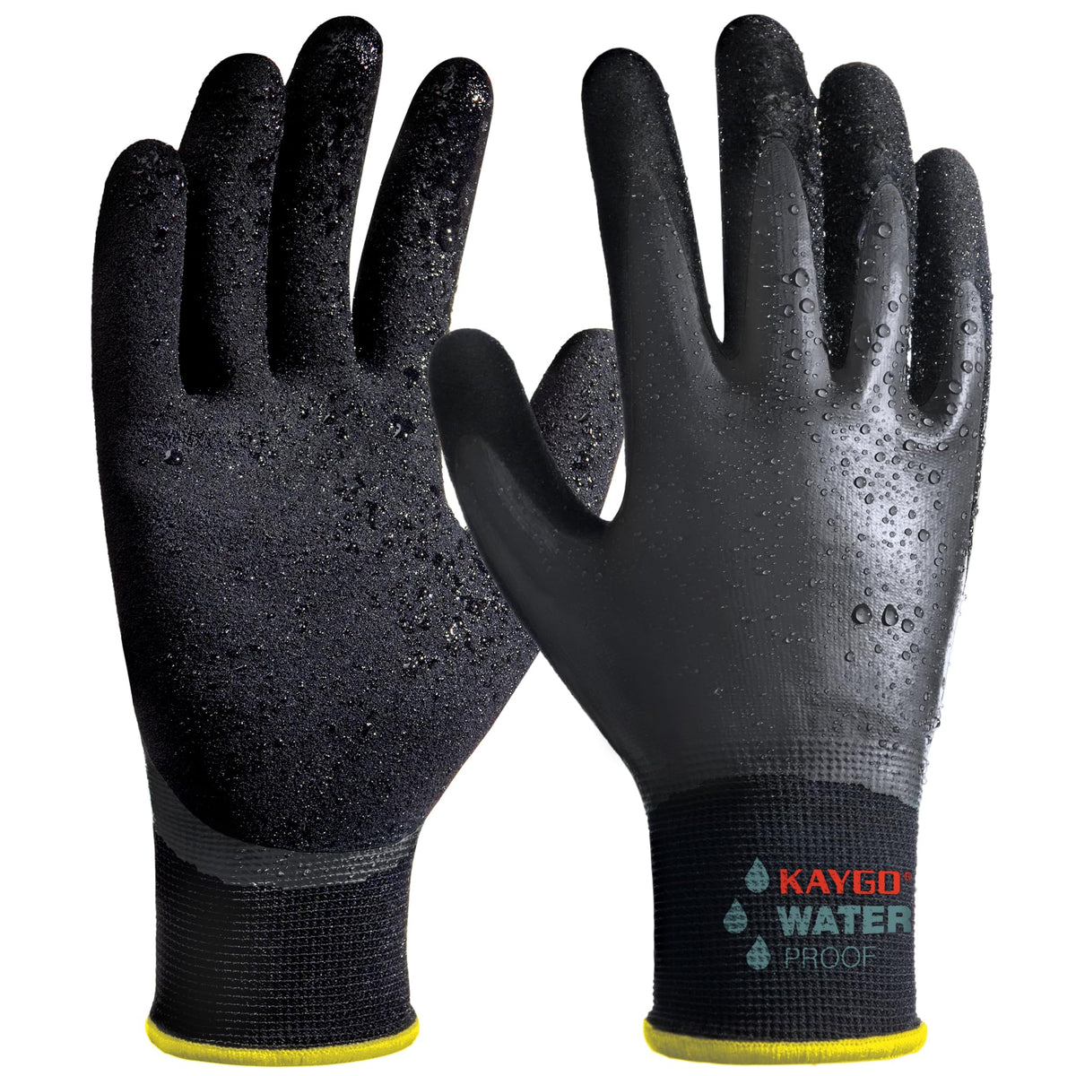 Kaygo waterproof work gloves with rubber-coated palm for secure grip in wet conditions.