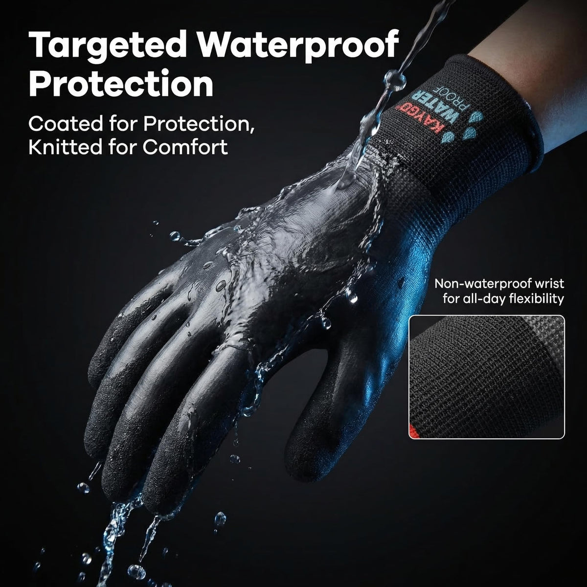 Kaygo gloves showing elastic cuff close-up for dirt exclusion and snug fit.