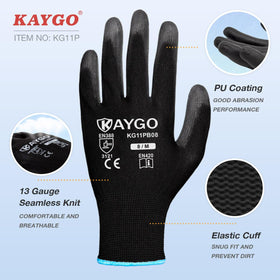 KayGO KG11P gloves with PU coated palm for secure grip in dry and damp conditions