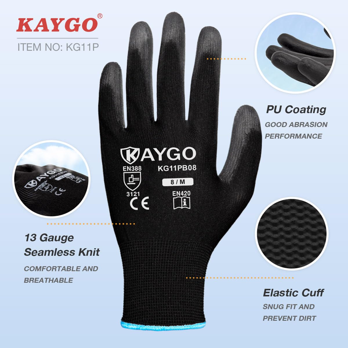 KAYGO work gloves PU-coated fingertips provide precise handling with strong grip in wet or oily conditions.