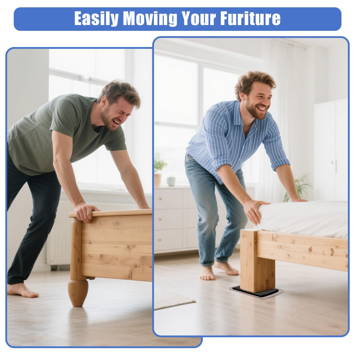 Kayzn easy-install sliders attach under legs for quick setup and reuse.