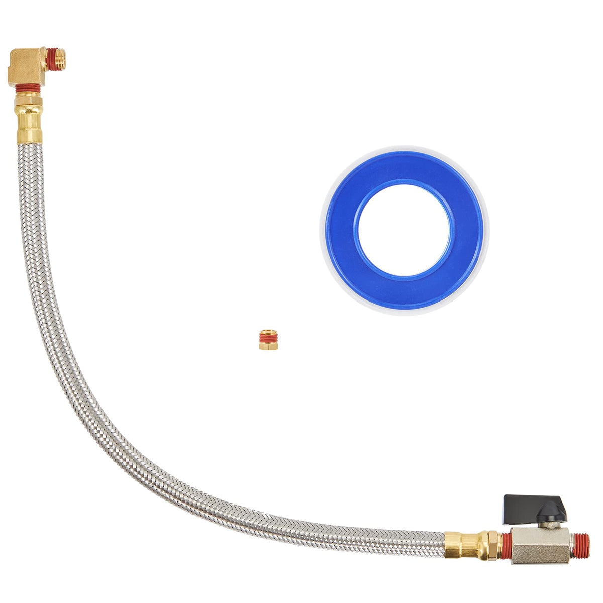 Kbrotech extended drain valve with braided steel tube for kink-free moisture drainage.