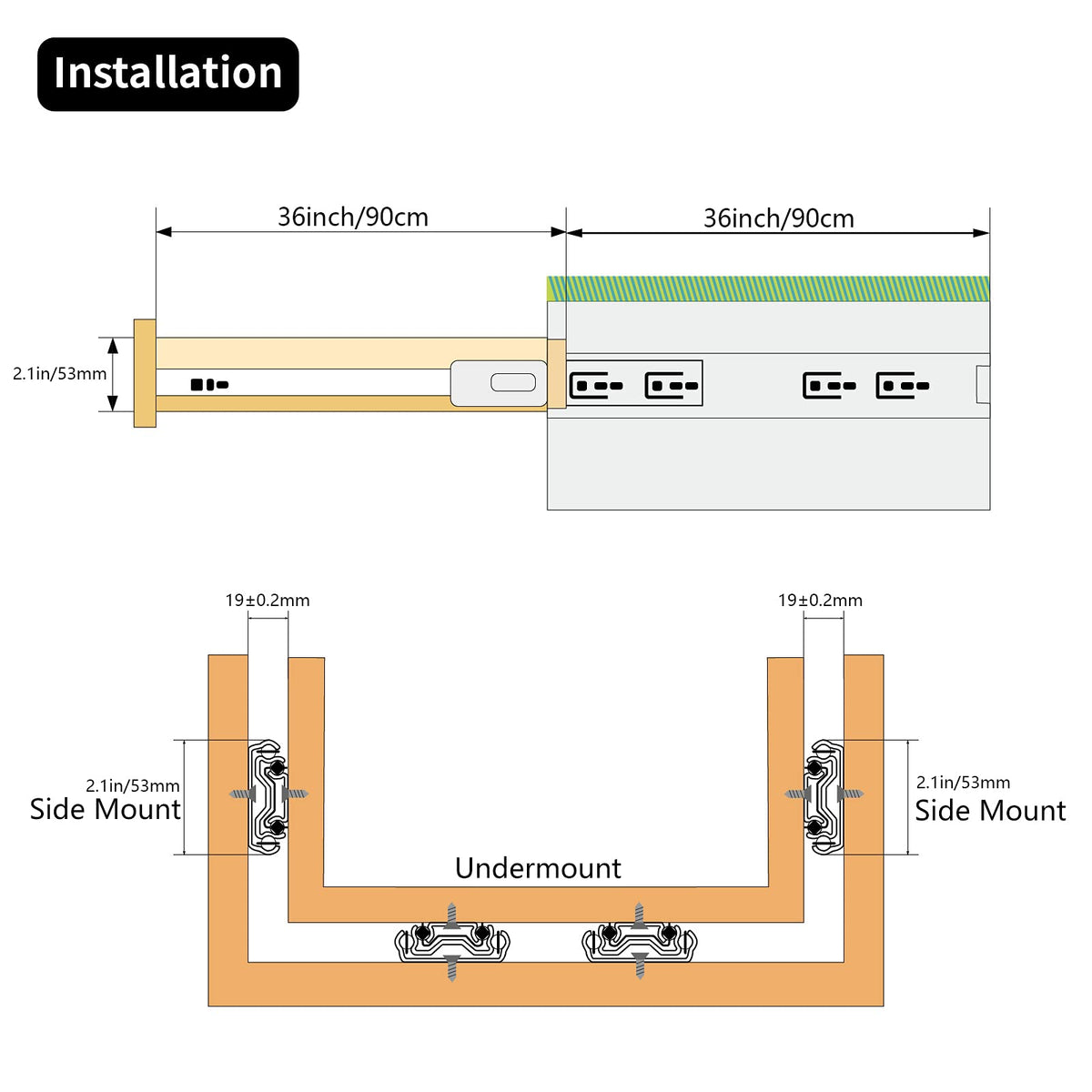 KCOLVSION ball-bearing drawer rail 260lb capacity supports heavy loads with smooth gliding action.