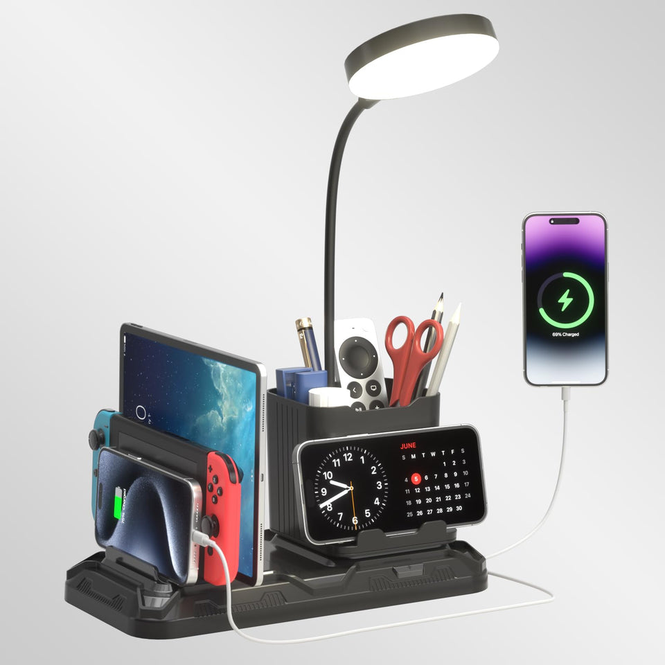 KDD desk lamp with USB ports in full view for study and work.