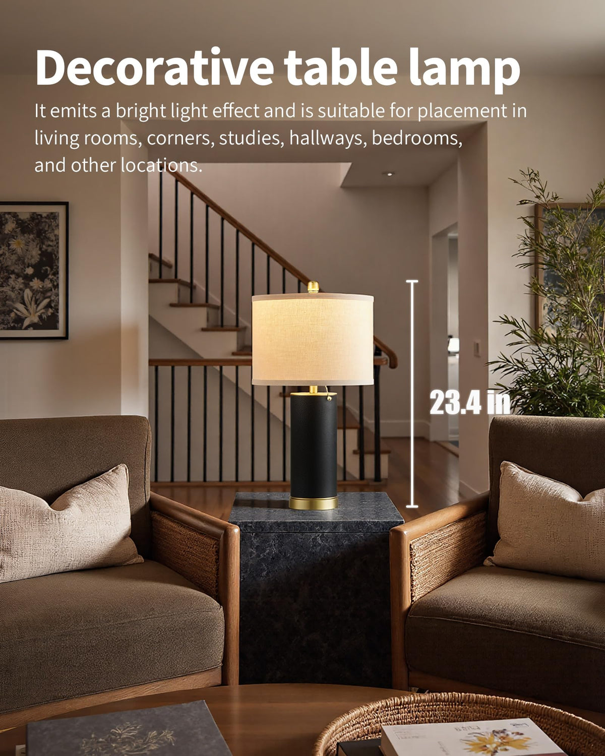 KDG table lamp with beige fabric shade creates warm ambience on a bedroom nightstand.