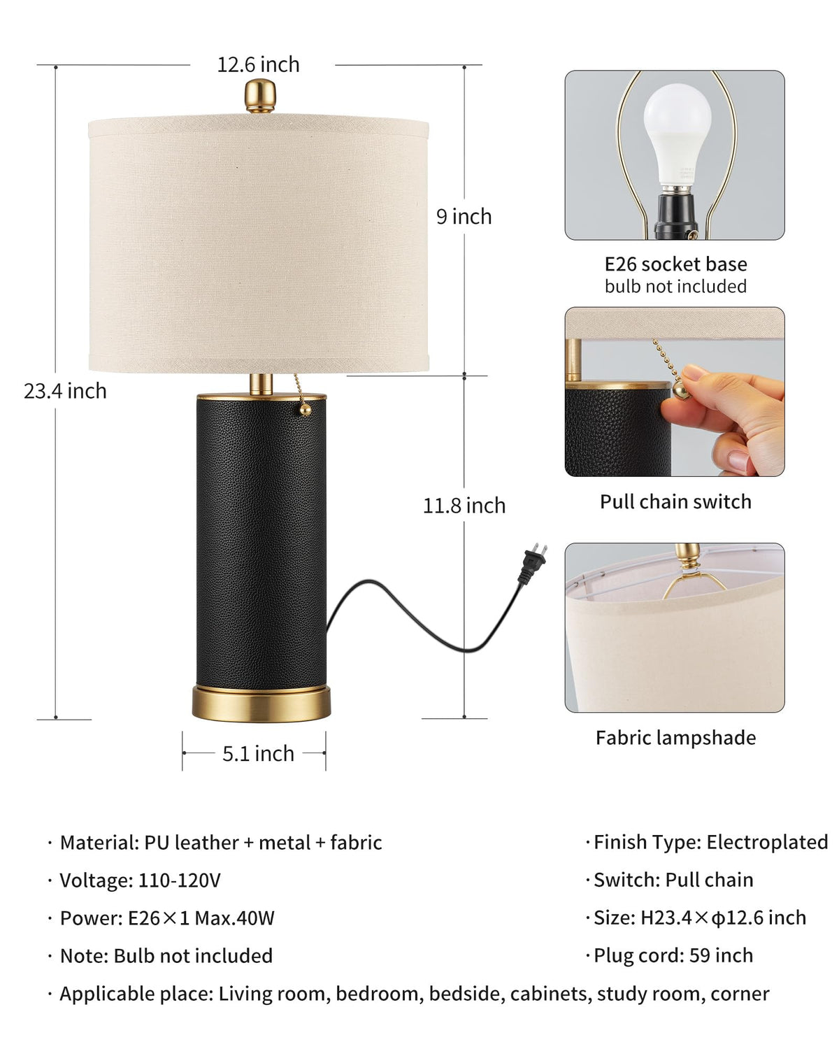 KDG 23.4-inch table lamp dimensions fit nightstands and desks with flexible cord length.