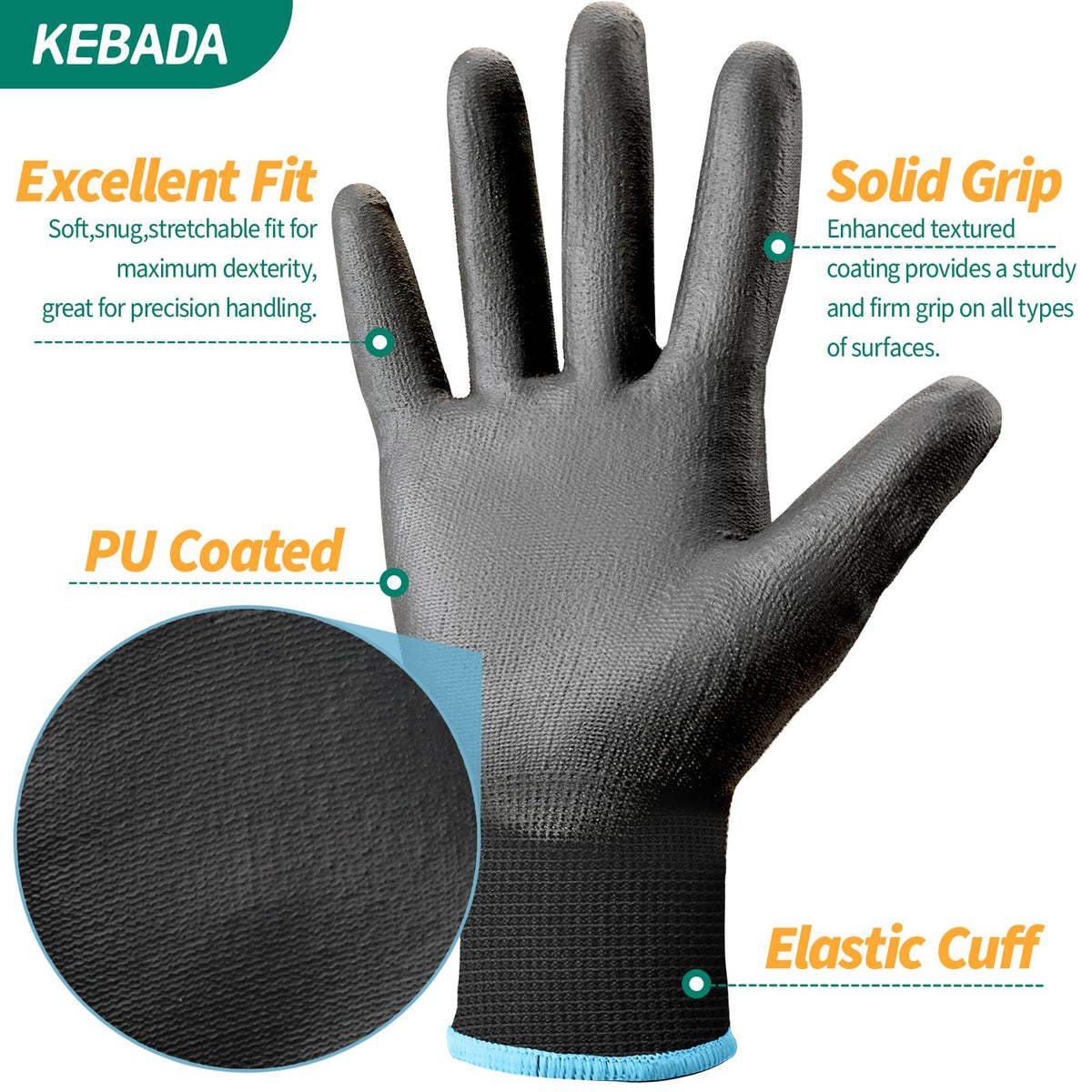 Kebada Safety Work Gloves PU coating provides reliable grip