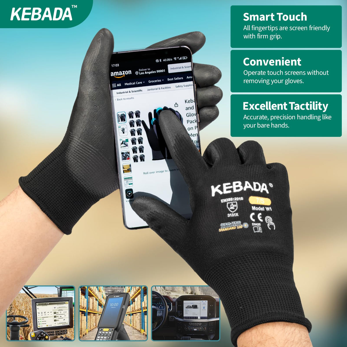 Kebada W1 glove held in hand demonstrating secure grip during material handling tasks